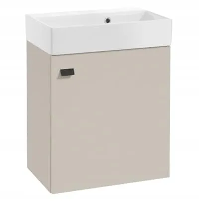 DomoDomo - Waschbeckenunterschrank 60 cm breit Hängend – Bad Unterschrank Kaschmir Matt – Badezimmer Unterschrank mit Waschbecken – Soft Close Tür, Schwarzer Griff, Modernes Design