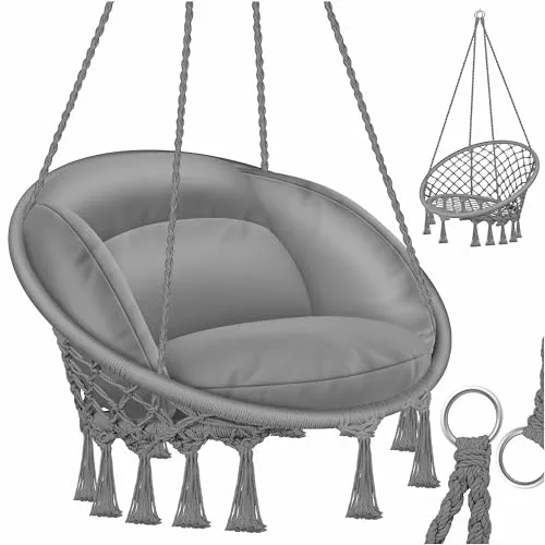 KESSER Hängesessel mit Kissen - Chill Hängestuhl zum Aufhängen - Hängesessel in Makramee-Knüpftechnik, belastbar bis 150 kg. Ideal für Indoor und Outdoor, bietet er durch dicke, gepolsterte Kissen optimalen Komfort und passt sich perfekt Ihrer Körperform an.