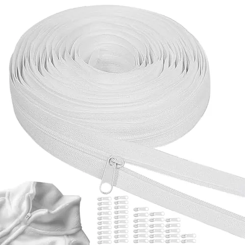 Endlosreißverschluss mit Zipper, 6mm 20m Reißverschluss mit 40 Metall Schieber Nylon Endlos Reissverschluss Meterware für Bettwäsche Kissenbeutel Kleidung (Weiß)