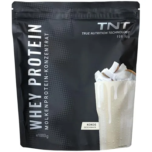 TNT Whey Protein - Molkenprotein-Konzentrat für Muskelaufbau und Diät - Whey Protein für Muskelaufbau und Diät, laktosearm und ideal für Shakes oder zum Backen, hergestellt in Deutschland mit hochwertigem Molkenprotein.