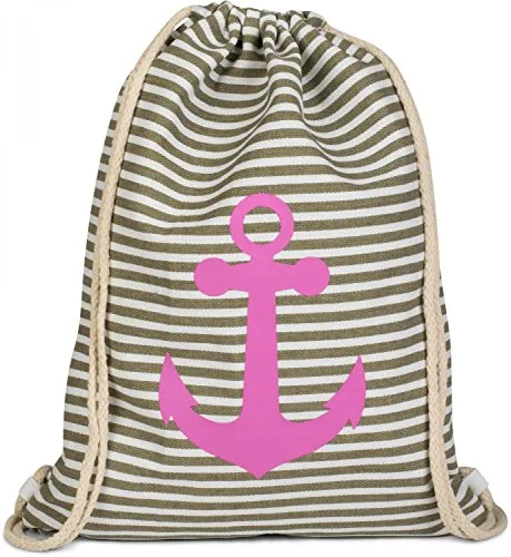 styleBREAKER Turnbeutel Rucksack im maritimen Design mit Streifen und Anker Print, Sportbeutel, Unisex 02012052, Farbe:Oliv-Weiß/Pink