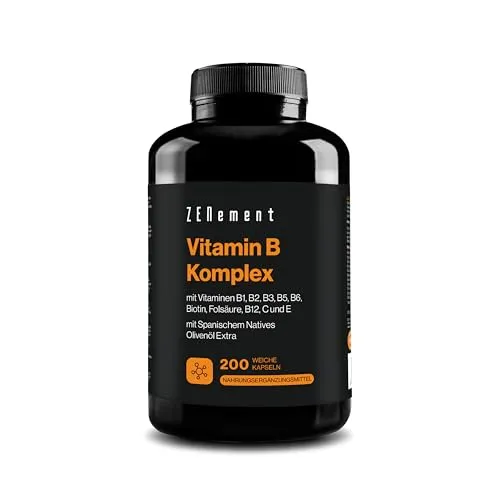 Vitamin-B-Komplex – Bessere Aufnahme mit Bio-Olivenöl – Mit den Vitaminen B1, B2, B3, B5, B6, B9, B12, Biotin, C und E – 200 Weichkapseln – Zenement