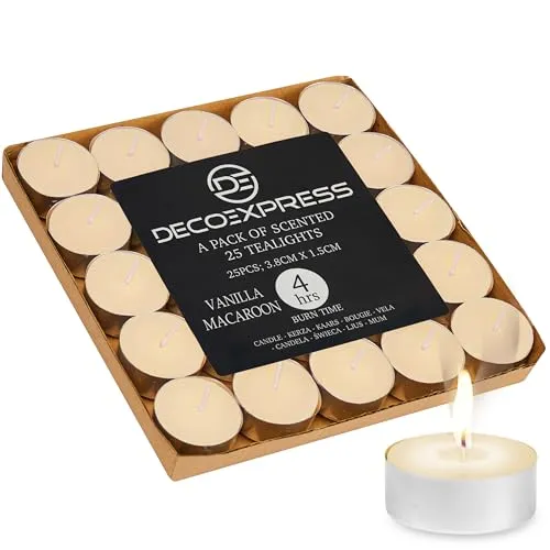 DECO EXPRESS Teelichter Großpackung, 24, 25, 50, 100 oder 200 Teelichter Lange Brenndauer 4, 8 oder 10 Stunden (Vanille-Macaron 25/4 Stunden)