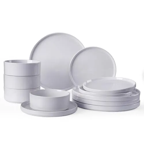 Richmount Nebula Geschirrset 4 Personen, 12-teiliges Teller Set und das Schüsselset, Sprenkel Steingut Geschirr Set, Tafelservice, Mikrowellen- & Spülmaschinenfest, Hellgrau