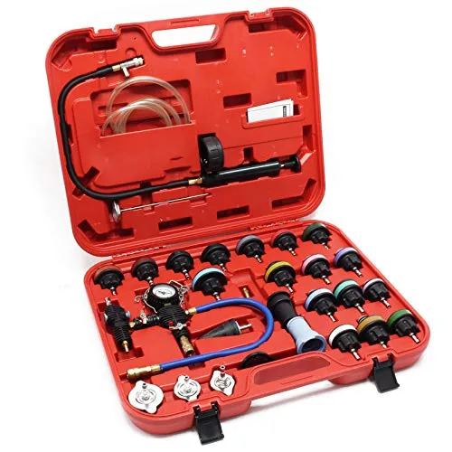 Wiltec Universal Kühlsystemtester 27-teilig - Kühl- & Wasserpumpenwerkzeuge, umfassendes Set mit Hand-Druckpumpe und farbkodierten Adaptern für präzise Wartung und Diagnostik von Kühlsystemen aller Fahrzeugtypen.