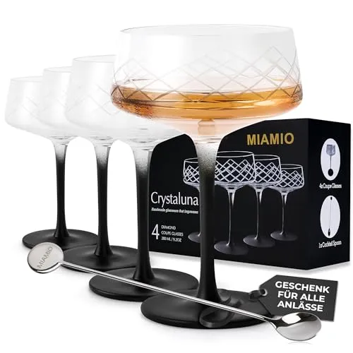 MiaMio Cocktailglas Set 4 x 280 ml Coupe Gläser - Cocktailgläser Set mit 4 eleganten Kristall-Coupe-Gläsern, ideal für Cocktails und Champagner. Perfekt für besondere Anlässe und ein stilvolles Trinkerlebnis.