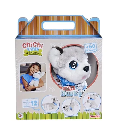 Simba Kuscheltier Happy Husky mit Sound – interaktiver Plüschhund, reagiert auf 12 Sprachbefehle, 30 cm, ideal für Kinder ab 3 Jahren -