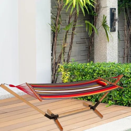 Hängematte Hängeliege aus Hartholz und Baumwolle, mehrfarbig rot - Hängematten & Hängestühle für entspannte Sommertage im Garten. Großzügige Liegefläche von 200x100 cm und robustes Hartholzgestell bieten höchsten Komfort.