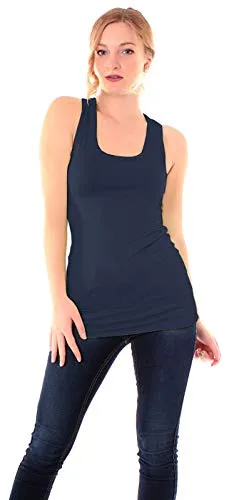 Easy Young Fashion - Damen Basic Tanktop - Fitness Top - Ringerrücken Sport - Shirt Skinny Fit Trägertop Unterhemd 8002 - Dunkelblau