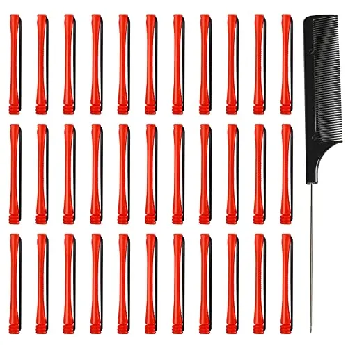 NJDBBZIJS 60 Stück Lockenwickler Kleine Locken Durchmesser 5mm Dauerwellen Set Wickler Klein Dauerwelle Selber Machen Heatless Curls mit Rattenschwanzkamm für Friseurstyling (0,5 x 6 cm, rot)