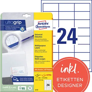 AVERY Zweckform Etiketten 6172 weiß 64,6 x 33,8 mm, 30 Blatt
