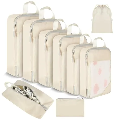 9-teiliges Packing Cubes Compression Set, Koffer Organizer Set Beige, Kofferorganizer Packtaschen mit Kleidertaschen Schuhbeutel, Packing Cubes Backpack für Reise, Praktisch Reise Gadgets