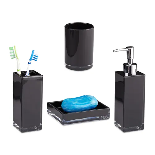 Relaxdays Badaccessoires-Set 10022586, 4-teilig - Badmöbel-Set aus schwarzem Kunststoff, inklusive Seifenspender, Seifenschale, Zahnputzbecher und Zahnbürstenhalter. Modernes, elegantes Design und besonders pflegeleicht für ein stilvolles Badezimmer.