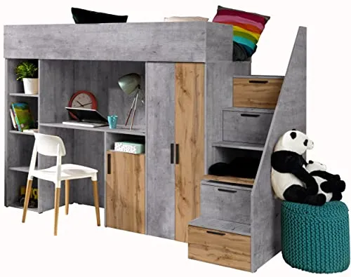 MEBLE KRYSPOL KONKRET 14 Hochbett für Kinder, Jugendliche mit Stauraum - Etagenbett mit Schreibtisch, Schrank, Regal, Schubladen, Treppe - 247x120x165 cm - Beton, Eiche Wotan, Schwarz