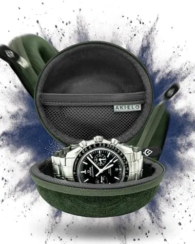 AKIELO Uhrengehäuse – Reise Uhrenbox Reinigungstuch und Geschenkbox – Für Männer und Frauen Armbanduhren und Smart Watch bis 54mm (Waldgrüne Ausgabe)