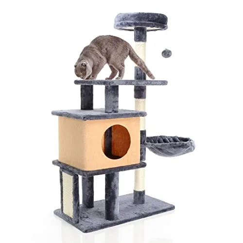Fudajo Kratzbaum Dunkelgrau 112 cm - Aktivitätskratzbaum mit geräumigem Katzenhaus und integrierten Spielzeug, ideal für Entspannung und Spiel, schützt Ihre Möbel durch robuste Sisalkratzmöglichkeiten.