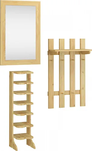 Garderobenset Schuhregal mit Wandspiegel und Hängegarderobe aus Massivholz - Garderobenset aus massiver Kiefer, inklusive Hängegarderobe mit 6 Haken und Wandspiegel, ideal für den Flur und platzsparend.