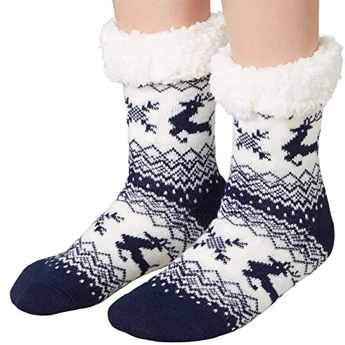 dressforfun 900849 Unisex Weihnachts Kuschelsocken mit Rentiermotiv, dick gefüttert & Plüschrand, blau weiß - diverse Größen - (43-46 | Nr. 303477)