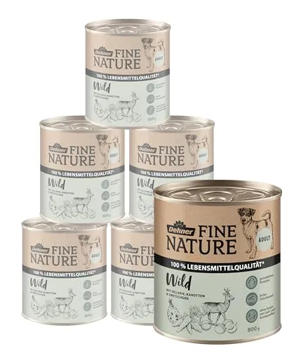 Dehner Fine Nature Hundefutter - Nassfutter in Lebensmittelqualität für ausgewachsene Hunde - Premium getreidefreies Nassfutter mit 100 % Natur Wild, ideal für ernährungssensible Hunde. Enthält hochwertige Zutaten wie Sellerie und Karotten, ganz ohne Konservierungsstoffe.