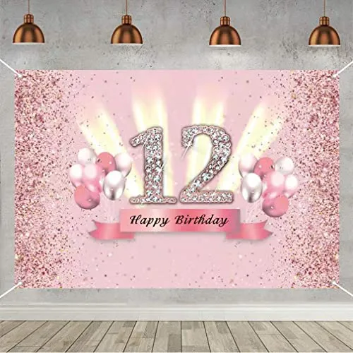 12. Geburtstag Banner 12 Geburtstag Deko Rosegold Party Dekoration Mädchen, Stoff Schild Poster 12. Jahrestag Party Geburtstagsbanner Tischschmuck Plakat, Glitzern Rosa