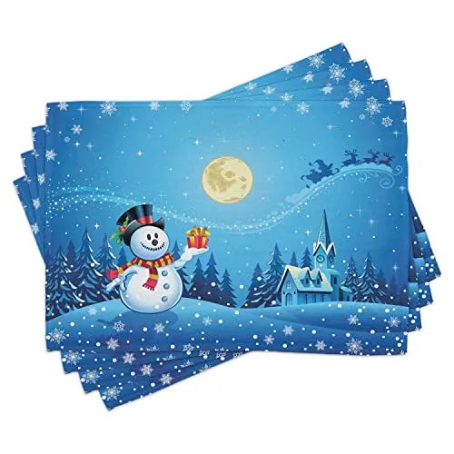 ABAKUHAUS Weihnachten Platzmatten, Schneemann Sanra Geschenk, Waschbare Stoff Esszimmer Küche Tischdekorations Digitaldruck, Gelb Blau