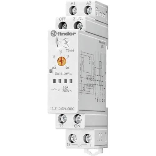 Finder Stromstoß-Schalter Hutschiene 13.61.0.024.0000 - Elektronischer Schalter für Hutschiene, vielseitig einsetzbar mit einstellbarer Abschaltverzögerung von 0,5 bis 20 Minuten und zentraler Steuerung.