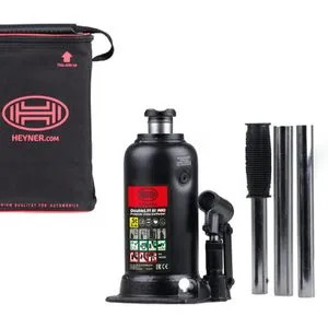 Heyner Stempelwagenheber 346050 Premium, 5t Tragkraft - Kfz-Wagenheber mit hydraulischem Antrieb und doppeltem Hubkolben für sicheres Arbeiten. Hubhöhe von 222-500 mm, ideal für große Fahrzeuge. Inklusive hochwertiger Transporttasche und steckbarem Hebel.