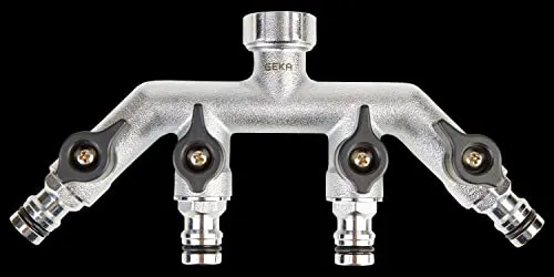 GEKA Wasserverteiler plus Vierwegeventil 46.0433.9 - Bewässerung mit robuster Metall-Ausführung, 4 Steckkupplungen für den Anschluss von bis zu 4 Geräten, stufenlos regulierbarer Wasserdurchfluss pro Anschluss.