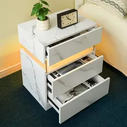 Nachttisch Modern Aus Holzwerkstoff In Mattweiß Mit Acrylblende, Rgb-led Und 3 Schubladen