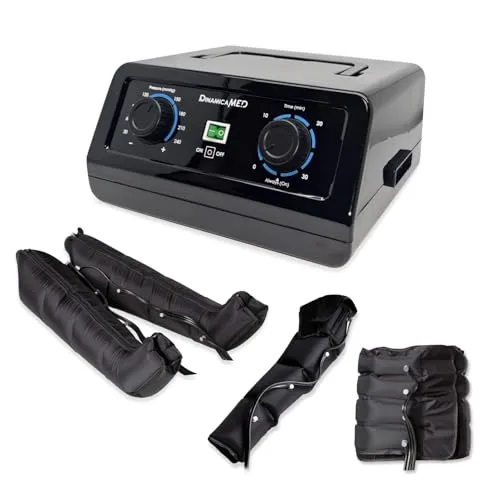 Dinamicamed | PREMIUM 4.0 MANUAL Beinmassagegerät | 4 überlappende Luftkammern mit Beinmanschetten, Bauch und Armmanschette | Manuelle Druck- & Timer-Einstellung | Pressotherapy Lymphdrainage Gerät