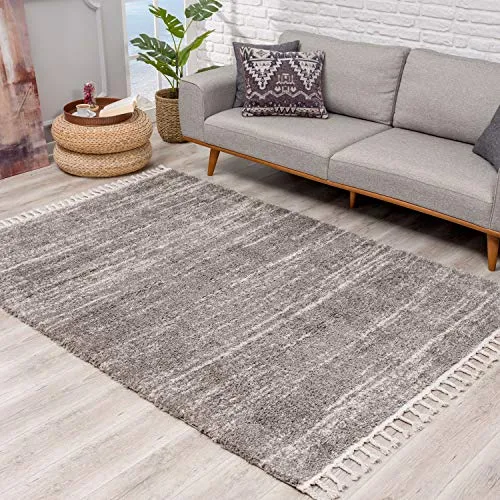 carpet city Teppich Hochflor Wohnzimmer - Ethno Stil Meliert 100x300 cm Grau Creme - Teppiche mit Fransen