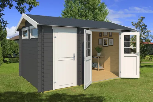 Gartenhaus Blockhaus William grau 400x270 cm - Hochwertiges Gartenhaus aus 28 mm Blockbohlen mit Satteldach, zwei abschließbaren Fenstern und einer großzügigen Nutzfläche von 9,15 m² – ideal für Gartenliebhaber.