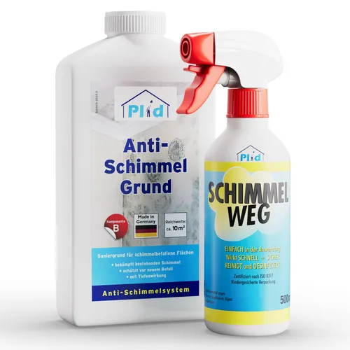 Anti-Schimmelspray 0,5L + Anti-Schimmelgrund 1L - Flüssigreiniger für effektive Schimmelentfernung, chlorfrei und geruchslos, ideal für Marmor, Fliesen und Holz, reicht für bis zu 35 m².