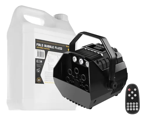 E-Lektron B102 Seifenblasenmaschine mit RGB LED-Beleuchtung - Seifenblasenmaschinen für Partys, erzeugt große Seifenblasen und wird durch 3 LED-Strahler farbig beleuchtet. Inkl. 5L Seifenblasenfluid und Fernbedienung für einfache Bedienung.