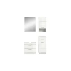 Badmöbel-Set SCHLOONSEE 4-teilig - Komplett-Badkombination mit Waschbeckenunterschrank, Spiegel, Unterschrank und Hängeschrank. Hochwertige MDF-Front in pflegeleichter Rillenoptik, ideal für modernes Baddesign.
