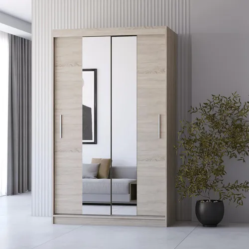 imoebel24 Schwebetürenschrank Neomi 01, Sonoma Eiche - Kleiderschrank mit zwei Spiegelfronten und fünf Einlegeböden, ideal für eine elegante und funktionale Raumgestaltung im Schlafzimmer.