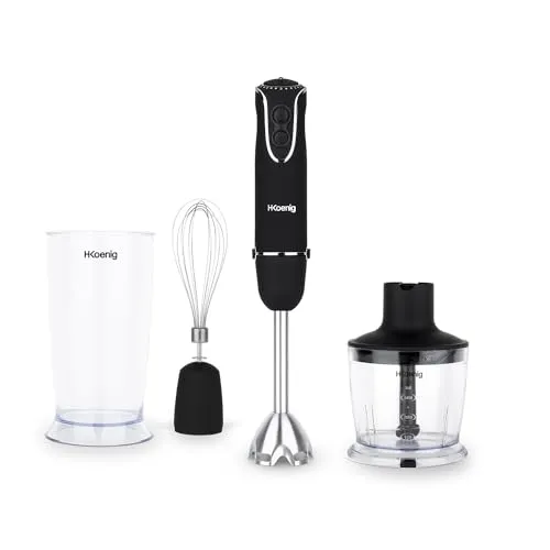 H.Koenig MIX75 Stabmixer-Set 3-in-1 - Stabmixer mit Mixbecher, Schneebesen und Pürierstab, 750 W, 5 Geschwindigkeitsstufen, ergonomischer Griff für komfortable Nutzung und spülmaschinenfeste Teile.