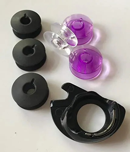 Spulenkapsel + 6 Spulen (gemischt) für Singer Nähmaschinen Capri, Starlet, Symphonie, Merritt, Ladystar, Elegance, Panoramic, Jeans, Omega