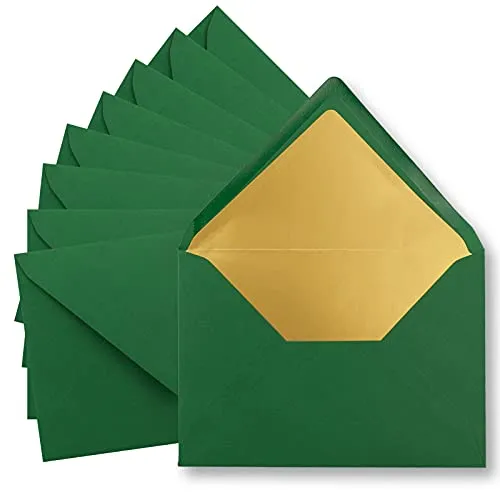 10x metallic Gold-gefütterte Brief-Umschläge DIN C5, dunkel-grün