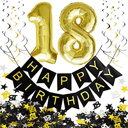 Oblique Unique® 18. Geburtstag Party Feier Deko Set - Happy Birthday Girlande + Folien Luftballons Zahl 1 und 8 + Wirbel Spiral Deckenhänger + Konfetti Zahl 18 + Sterne - Gold Silber Schwarz