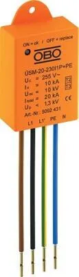 OBO Bettermann ÜSM-20-230I1P+PE Überspannungsschutzmodul für LED-Leuchten - Typ 2+3 Überspannungsschutz für 230/400V, schützt LED-Beleuchtung zuverlässig mit 20kA Ableitvermögen und optischer Funktionsanzeige.