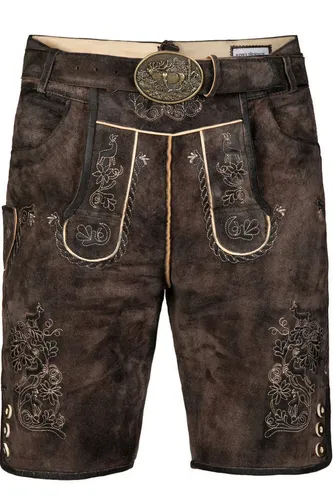 Edelnice Trachtenlederhose dunkelbraun 64 - Hochwertige Trachtenlederhose aus 100% Wildbockleder in dunkelbraun. Robust und stilvoll, ideal für festliche Anlässe und traditionelle Veranstaltungen.