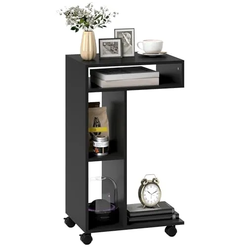 HOMCOM Beistelltisch C-Form Nachttisch mit 4 Regalen, Rollen, Couchtisch, Wohnzimmertisch Laptoptisch für Wohnzimmer Schlafzimmer 40 x 30 x 69 cm Schwarz