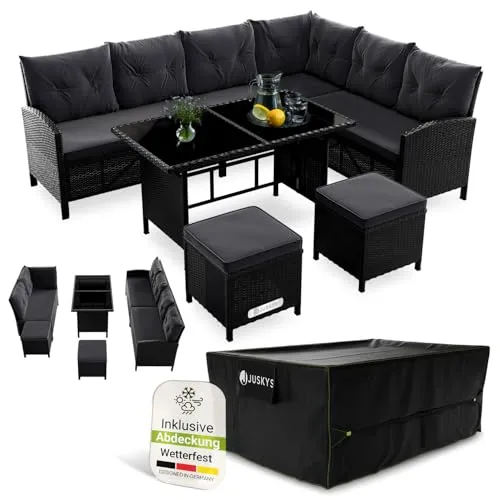 Juskys Polyrattan Lounge Manacor - Gartenmöbel-Set für bis zu 7 Personen - Genießen Sie entspannte Stunden im Freien mit der stilvollen Polyrattan Lounge Manacor. Das Set umfasst ein Ecksofa, 2 Hocker und einen großzügigen Tisch – ideal für gesellige Abende. Wetterfest und pflegeleicht für Garten, Terrasse oder Balkon.