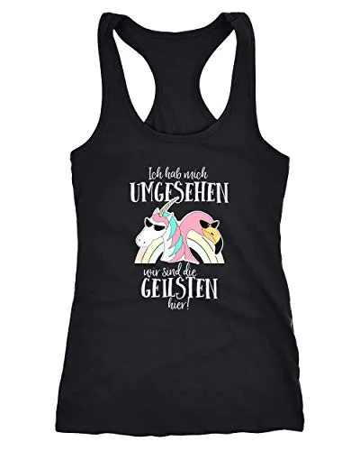 MoonWorks Damen Tanktop Ich hab Mich umgesehen wir sind die geilsten Hier Flamingo Einhorn Racerback schwarz L