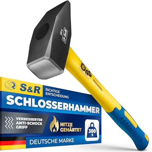 S&R Schlosserhammer 300 Gr Hammerkopf, doppelt geschweifter rutschfester Stiel aus robustem Fiberglas, stoßdämpfend und handschonend
