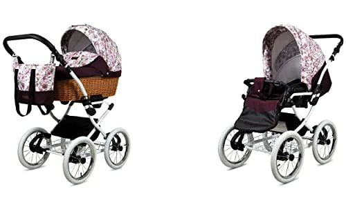 BabyLux ALU 2in1 Kinderwagen für Kleinkinder – Kinderwagen für Neugeborene und Kleinkinder – Baby Neugeborenen Kinderwagen – 59x105x125cm – Max. 15kg – Maroon Flowers White Frame