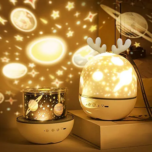 Roysmart Sternenhimmel Projektor Lampe Kinder, LED Musik Nachtlicht Lampe Schlafhilfe Kind, 6 Projektionsfilmen, 360° Drehbar, Eingebauten 8 Songs USB-Lade Geschenke für Kinderzimmer Dekoration