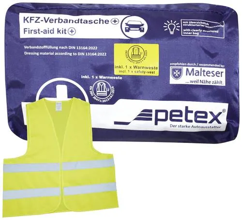 Petex 43939705 Plus blau DIN 13164:2022 inkl. Warnweste gelb EN 20471 Verbandtasche Inkl. Warnweste Pkw, Wohnmobile, Van, SUV