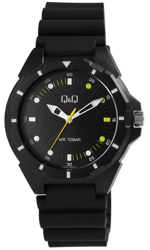Q&Q Herren-Uhr Silikon Dornschließe - Armbanduhren für Herren, wasserdicht bis 10 Bar und mit stylischem schwarz-gelb Design für sportliche Eleganz.